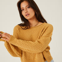 Textured Knit Sweater Tops Mustard Small -2020AVE