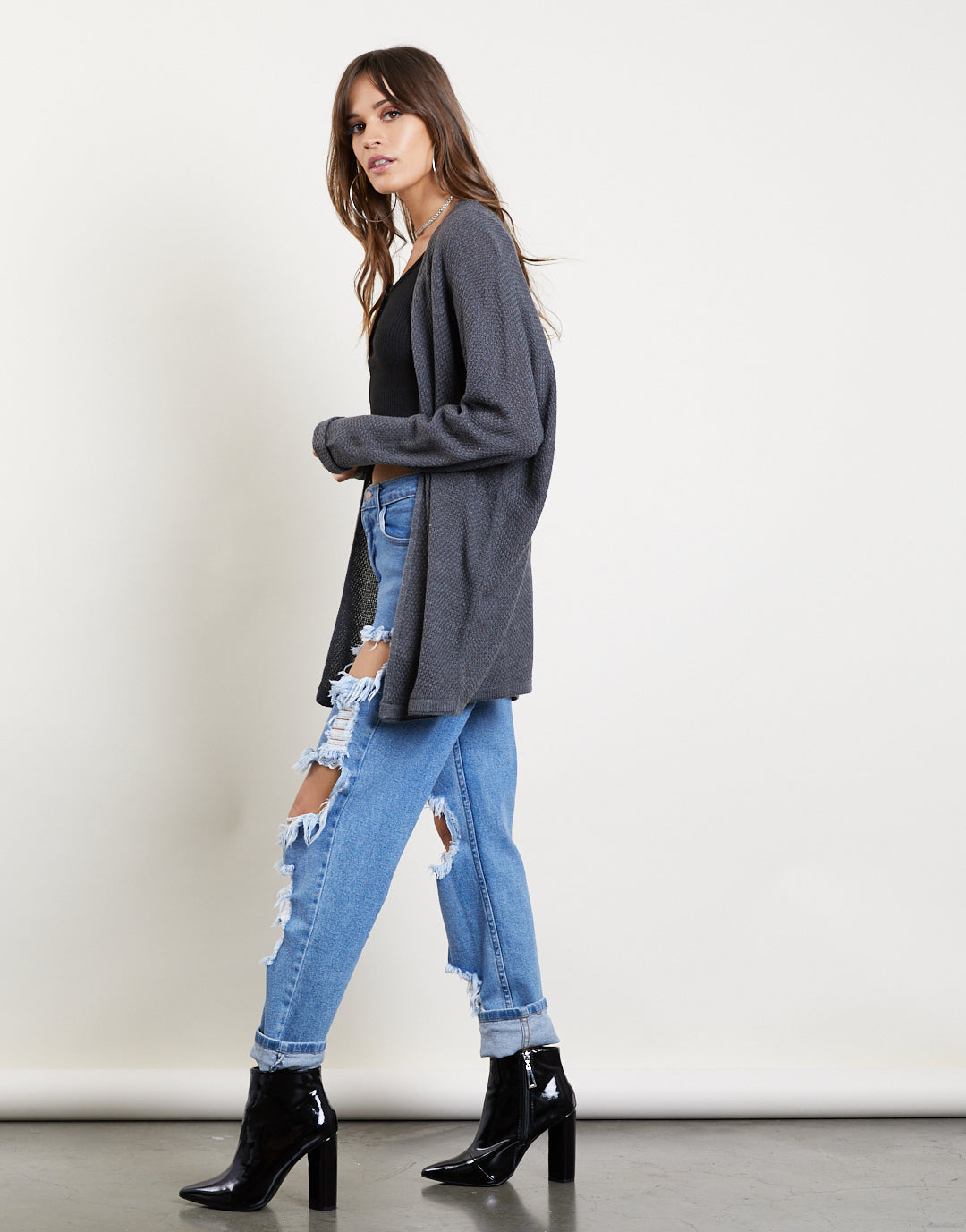 Textured Cuffed Sleeves Cardigan Outerwear Charcoal S/M -2020AVE