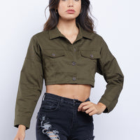 Erin Cropped Button Up Shirt Tops Olive Small -2020AVE