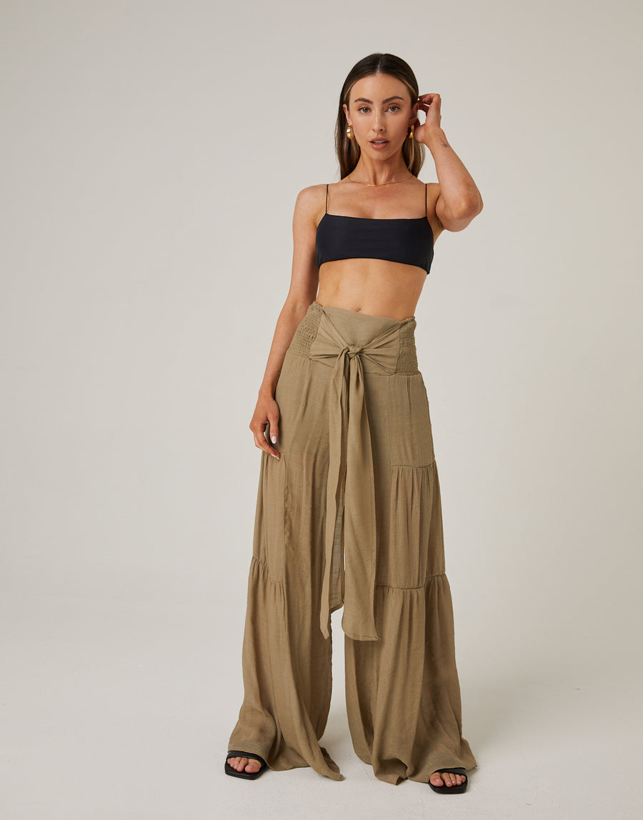 Tie Belt Wide Leg Pants Bottoms Olive Small -2020AVE
