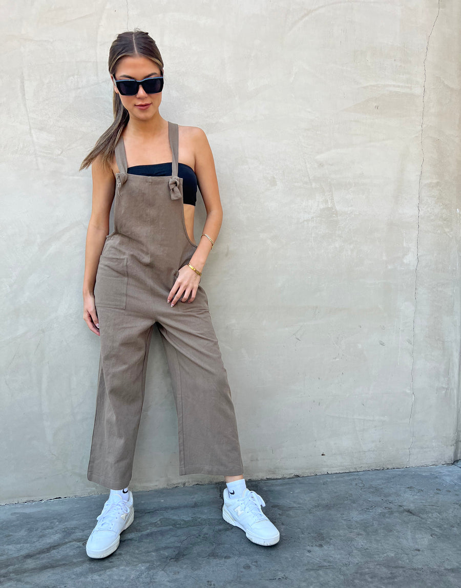 Tie Strap Linen Overalls Rompers + Jumpsuits Olive Small -2020AVE