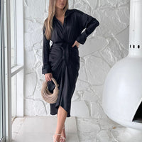 Tie Waist Satin Midi Dress Dresses Black Small -2020AVE