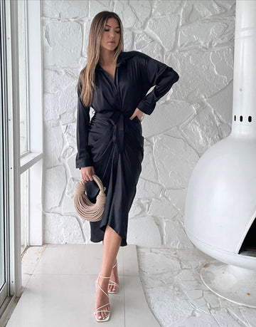 Tie Waist Satin Midi Dress Dresses Black Small -2020AVE