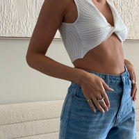 Twisted Rib Knit Cropped Tank Tops White Small -2020AVE