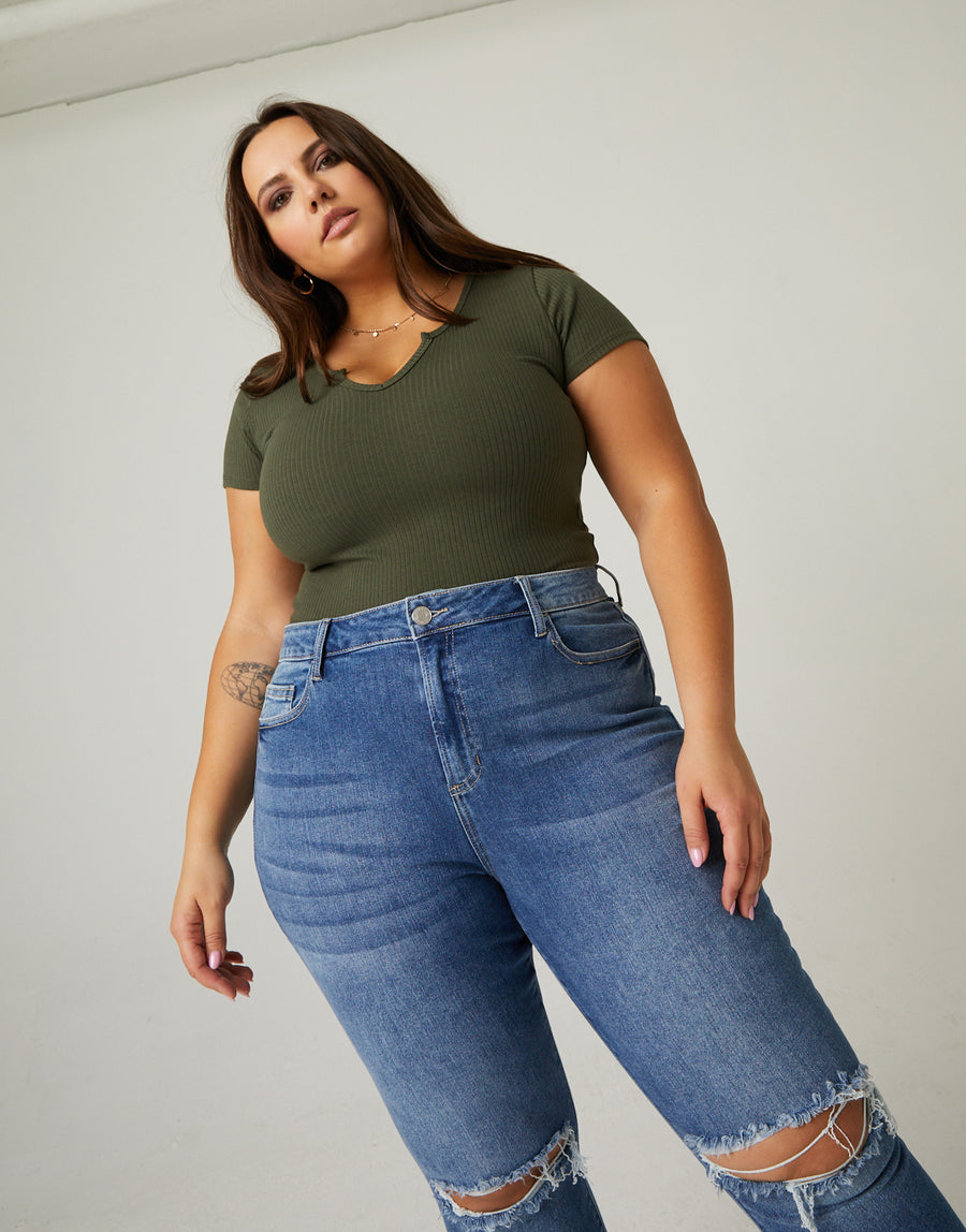 Curve V-Cut Ribbed Tee Plus Size Tops -2020AVE