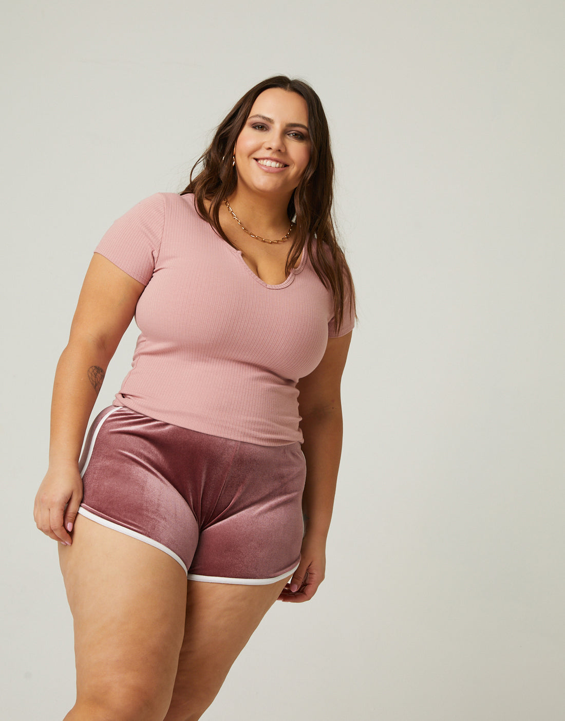 Curve V-Cut Ribbed Tee Plus Size Tops Pink 1XL -2020AVE