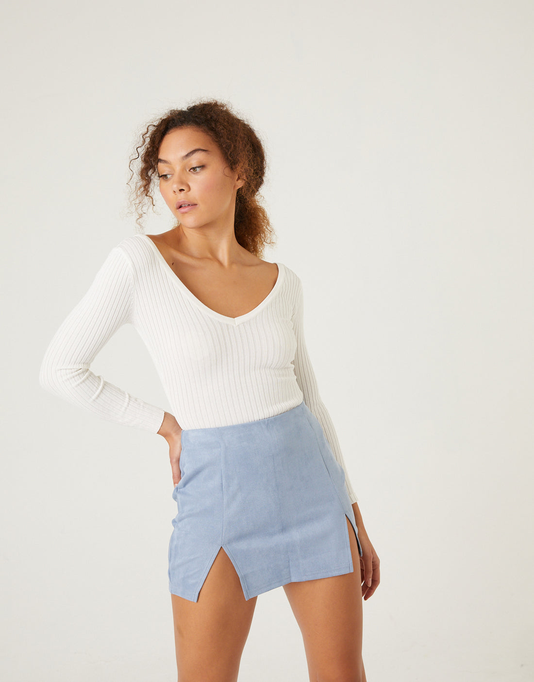 Double Slit Suede Mini Skirt Bottoms Blue Small -2020AVE