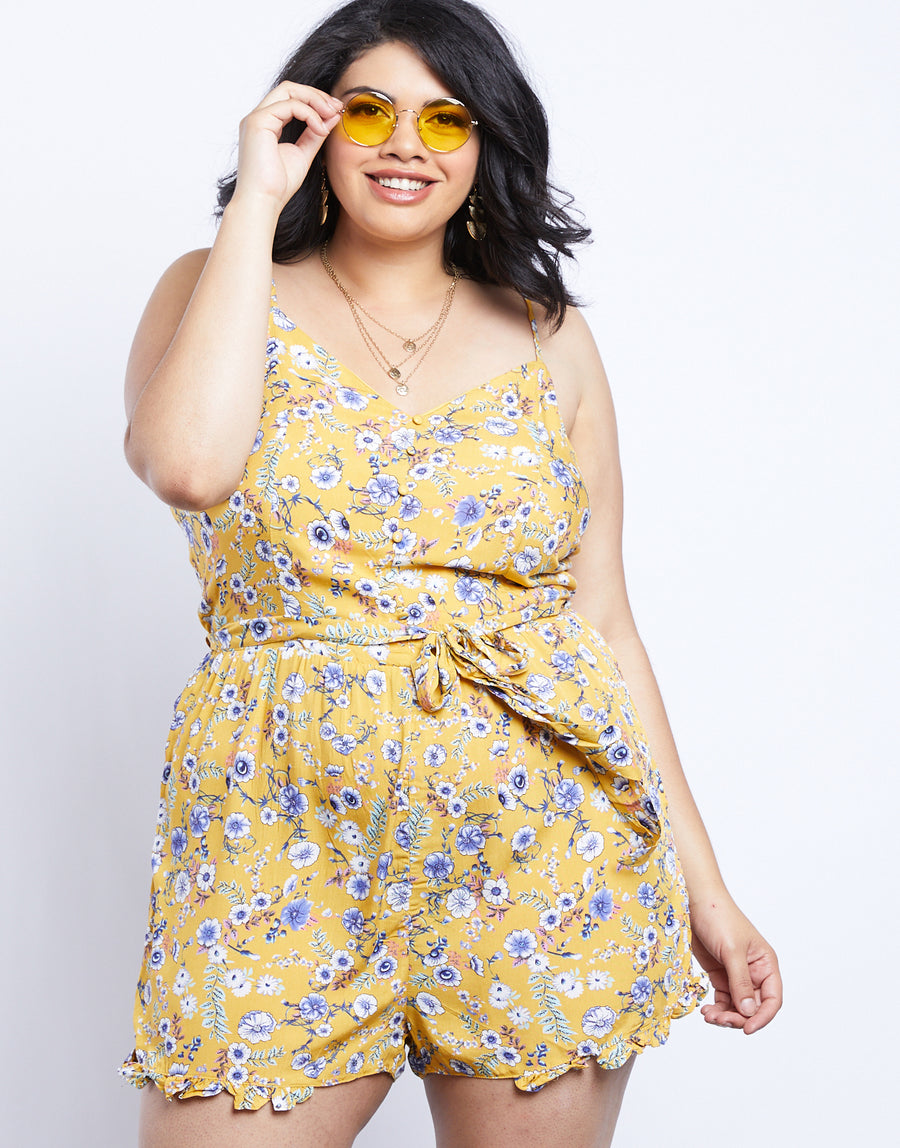 Curve Spring Fling Floral Romper Plus Size Rompers + Jumpsuits Mustard 1XL -2020AVE