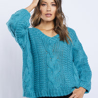 Zoe Cable Knit Sweater Tops Turquoise Small -2020AVE