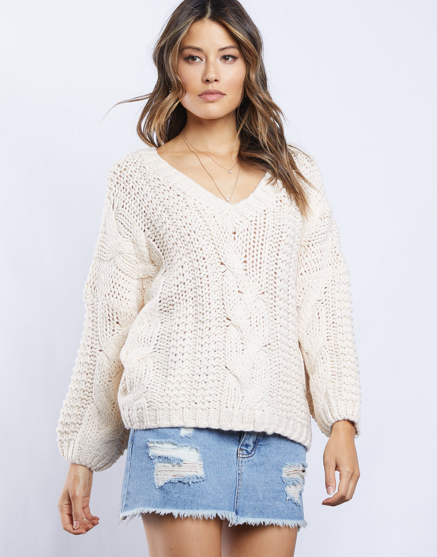 Zoe Cable Knit Sweater Tops Ivory Small -2020AVE