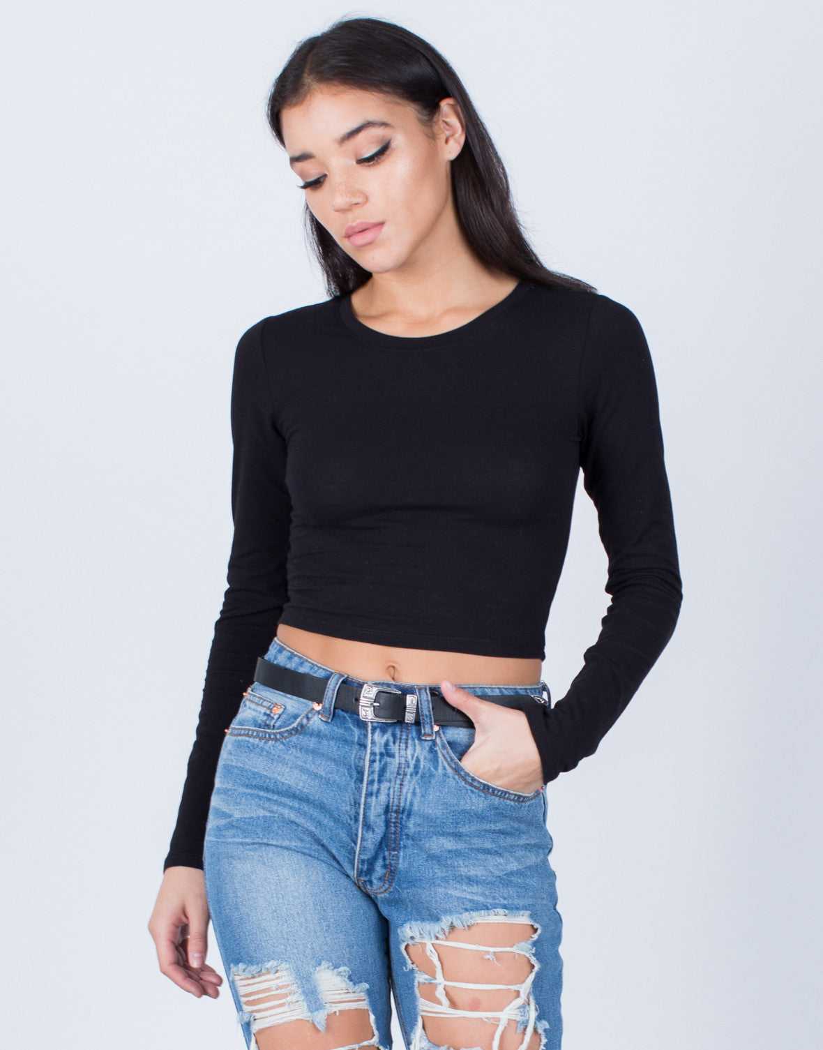 Basic Long Sleeve Crop Top - White Tee - Round Neck Top - Cropped Tee ...