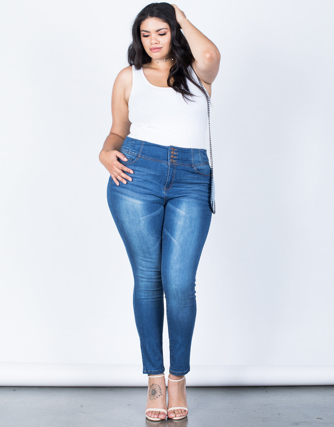 Front View of Plus Size Buttoned High Up Jeans