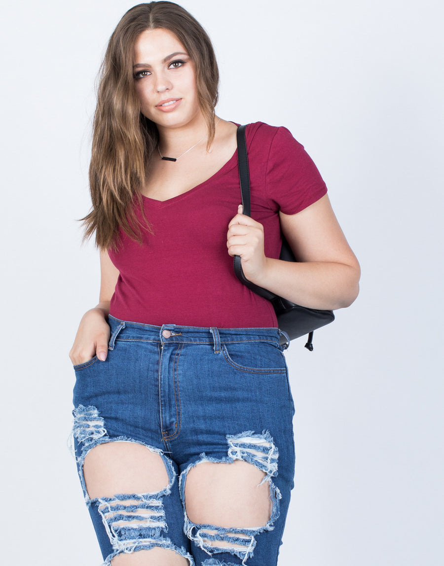 Curve Casual Day Tee Plus Size Tops Burgundy 1XL -2020AVE