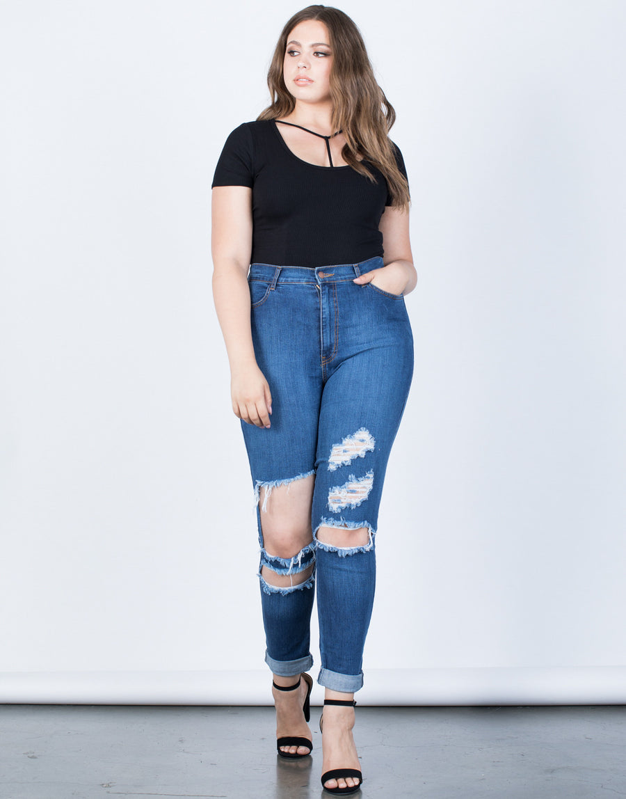 Curve High Waisted Cuffed Denim Jeans Plus Size Bottoms -2020AVE