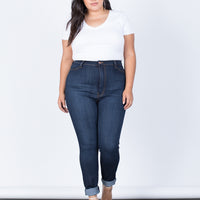 Dark Blue Denim Plus Size High Waisted Skinny Jeans - Front View