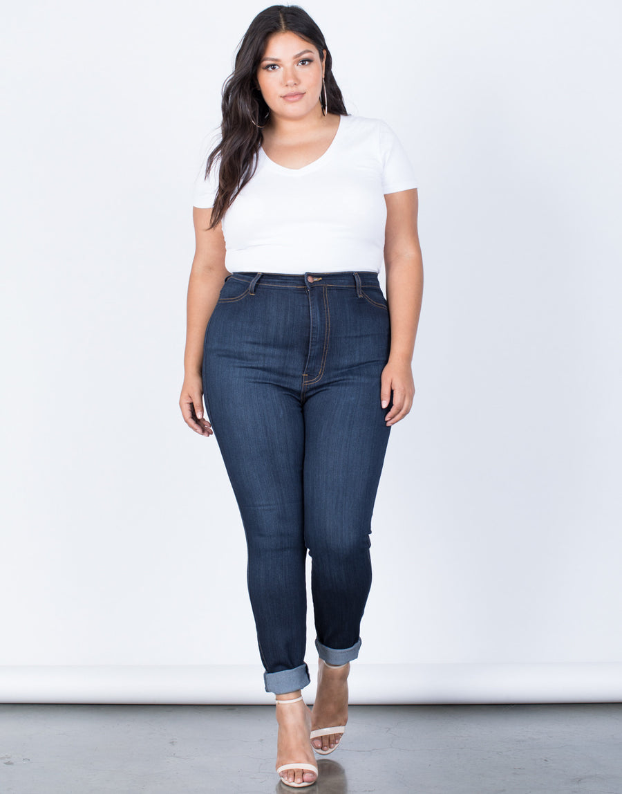 Dark Blue Denim Plus Size High Waisted Skinny Jeans - Front View