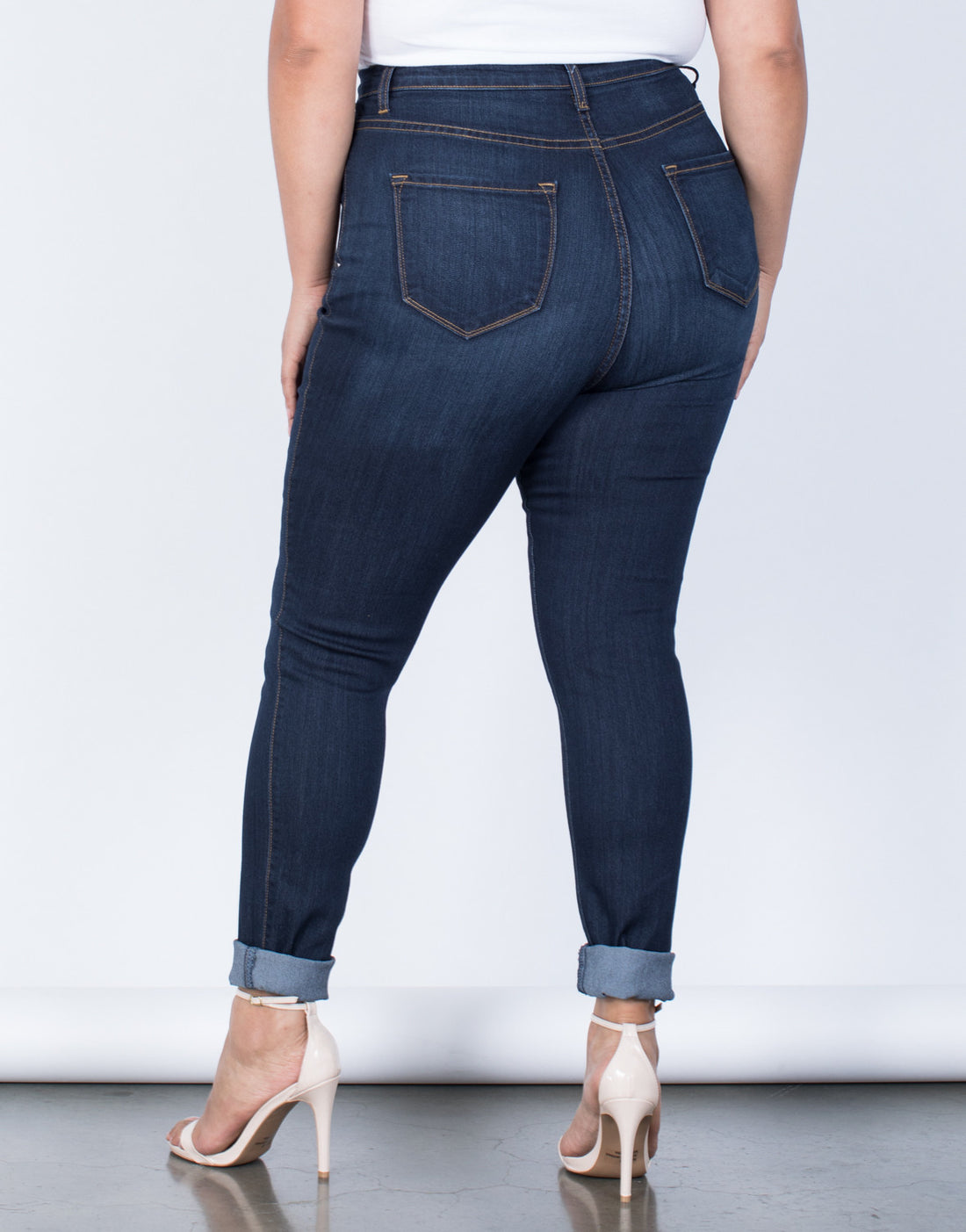 Dark Blue Denim Plus Size High Waisted Skinny Jeans - Back View
