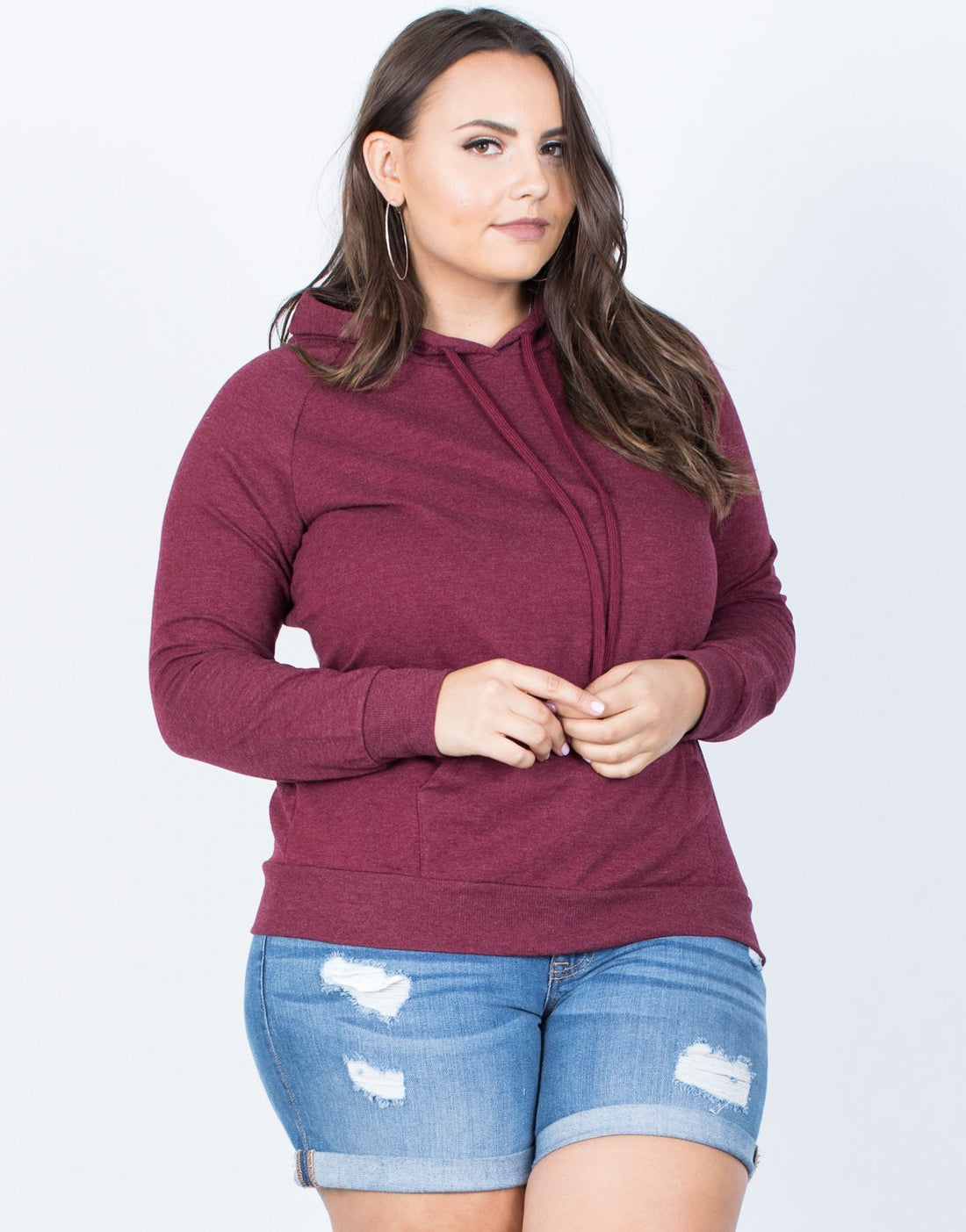 Curve Laid-Back Hoodie Plus Size Tops Burgundy XL -2020AVE