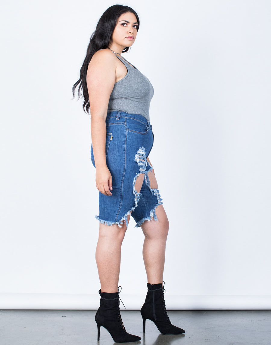 Side View of Plus Size Torn and Destroyed Bermuda Shorts