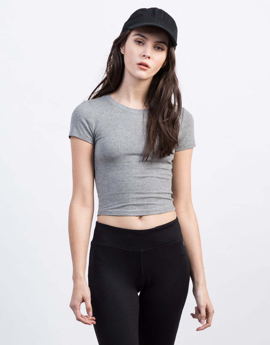 Ribbed Cropped Tee Tops Gray Small -2020AVE