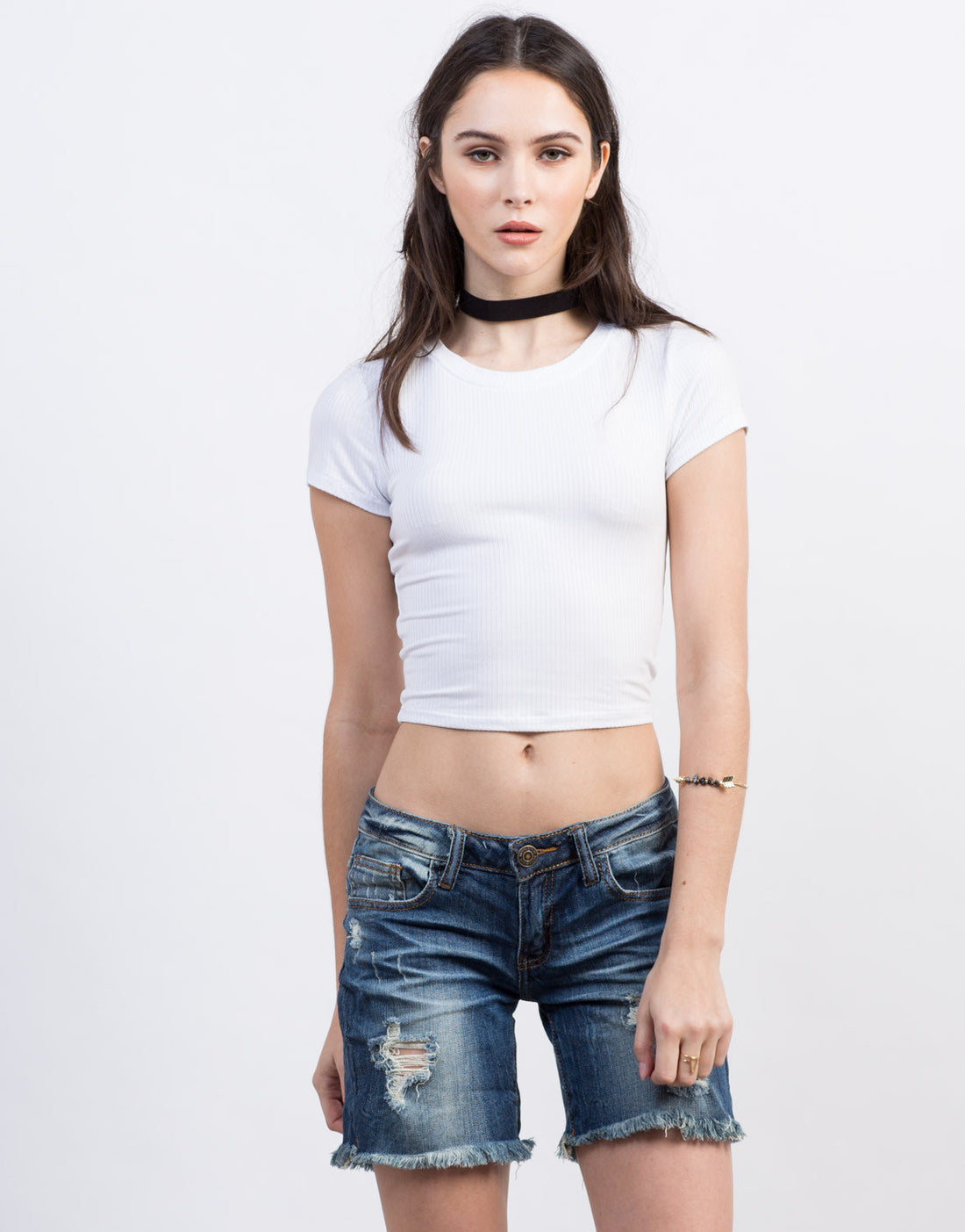 Ribbed Cropped Tee Tops White Small -2020AVE