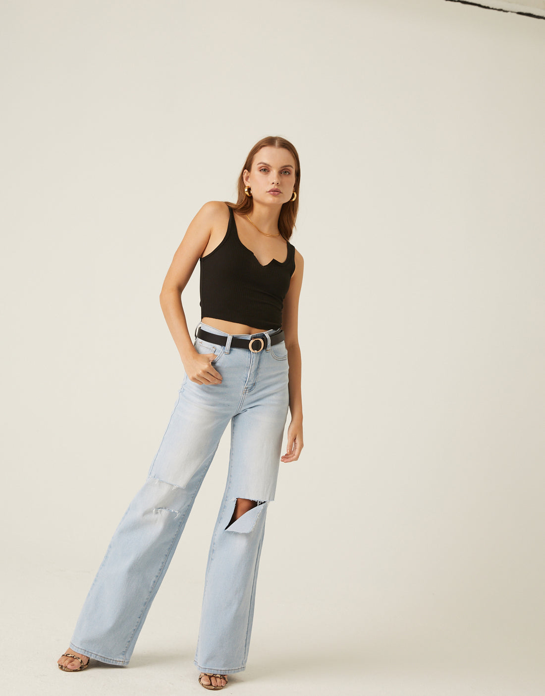 Wide Leg Distressed Jeans Bottoms -2020AVE